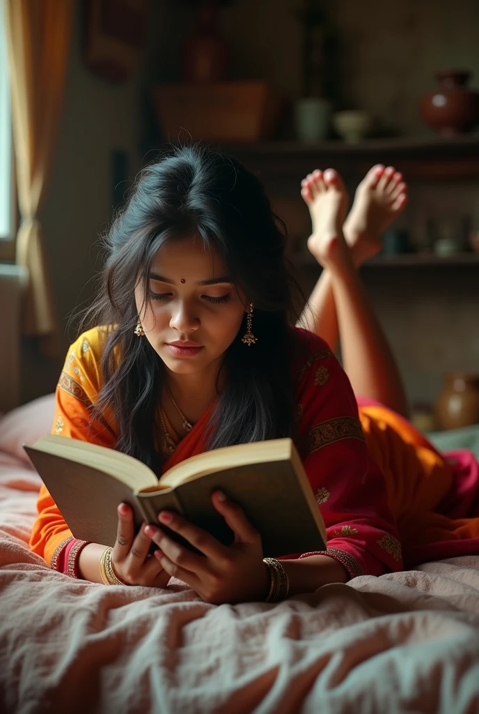 Indian Girl age 25 sleeping on a bed wearing a saree & reading a book in a old Indian house sleeping stomach down on bed with her legs up sacking wearing a payal