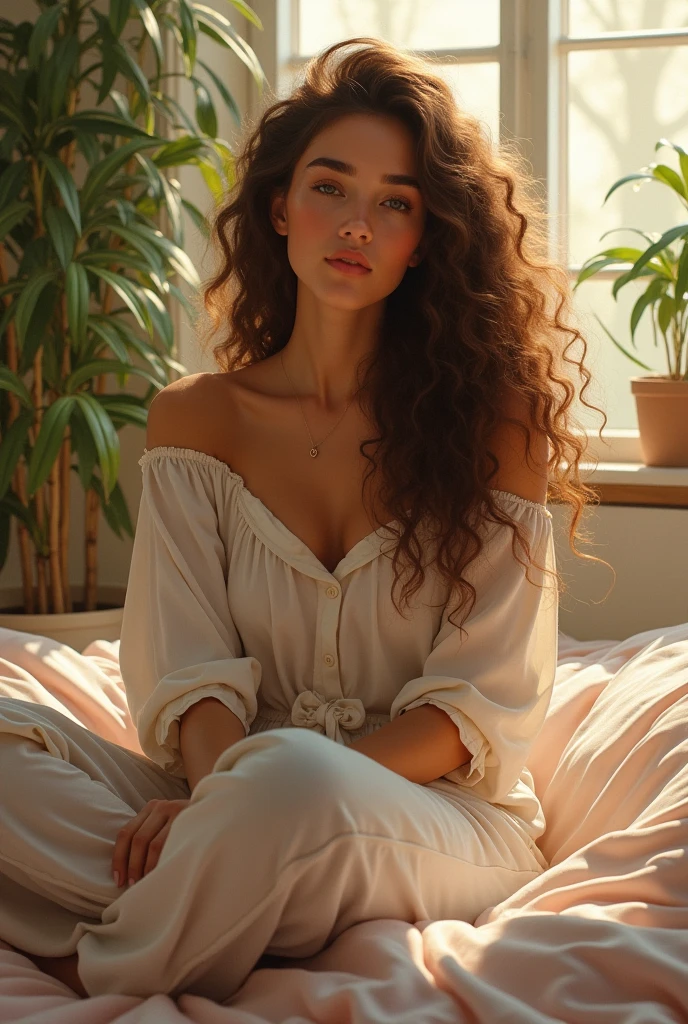 (photorealism:1.2), beautiful woman, sitting on bed, wearing loose off-shoulder top, pajama pants, long curly hair, indoors, soft lighting, plants in background, window with sunlight, cozy room, relaxed pose, realistic, intricate details, warm colors, by Greg Rutkowski, by Alph