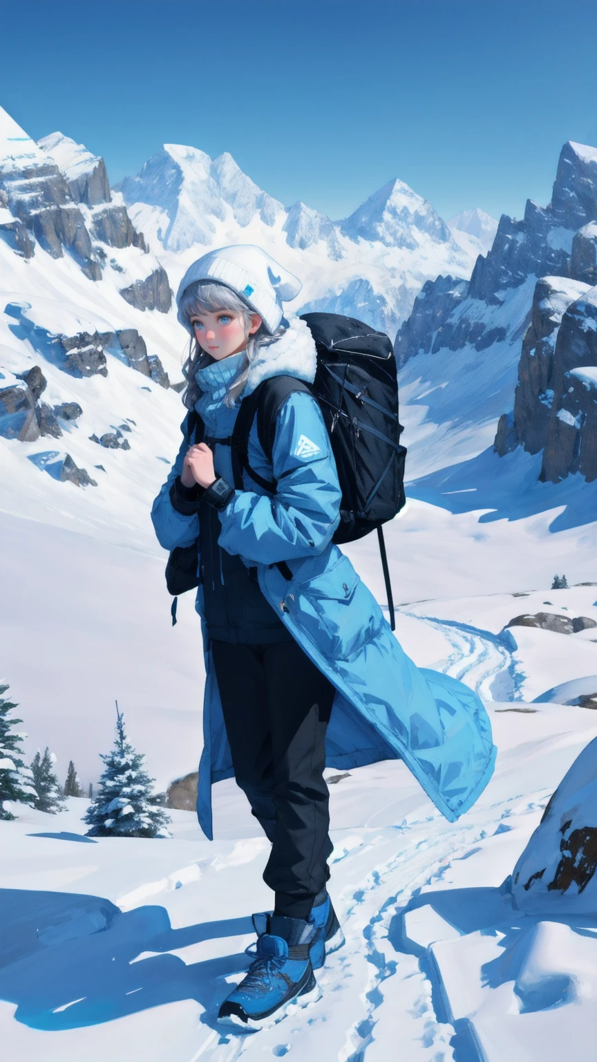 A beautiful cute girl hiker treks through a harsh, snowy mountain landscape under a deep blue sky, with snowflakes swirling around. The hiker, wearing a heavy coat and carrying a large backpack labeled "Crypto Winter Survival Kit," looks determined as they navigate the treacherous terrain. The blue sky and snow-covered mountains stretch endlessly into the distance, symbolizing the difficult journey through the "Crypto Winter." Bitcoin and other cryptocurrency symbols are subtly integrated into the snow, representing the challenges of surviving in the volatile crypto market.