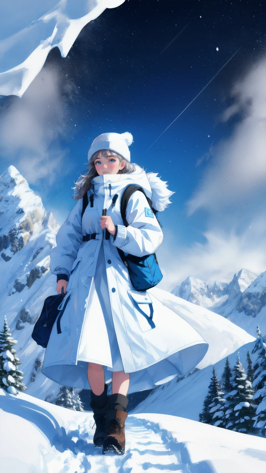 A beautiful cute girl hiker treks through a harsh, snowy mountain landscape under a deep blue sky, with snowflakes swirling around. The hiker, wearing a heavy coat and carrying a large backpack labeled "Crypto Winter Survival Kit," looks determined as they navigate the treacherous terrain. The blue sky and snow-covered mountains stretch endlessly into the distance, symbolizing the difficult journey through the "Crypto Winter." Bitcoin and other cryptocurrency symbols are subtly integrated into the snow, representing the challenges of surviving in the volatile crypto market.