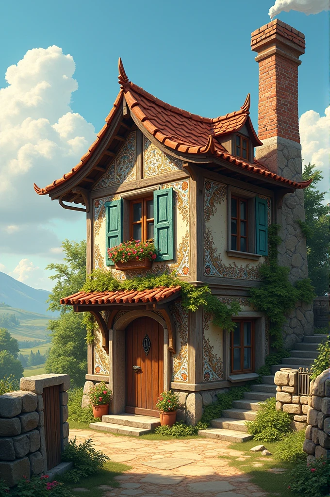 An old house with tiles and a chimney