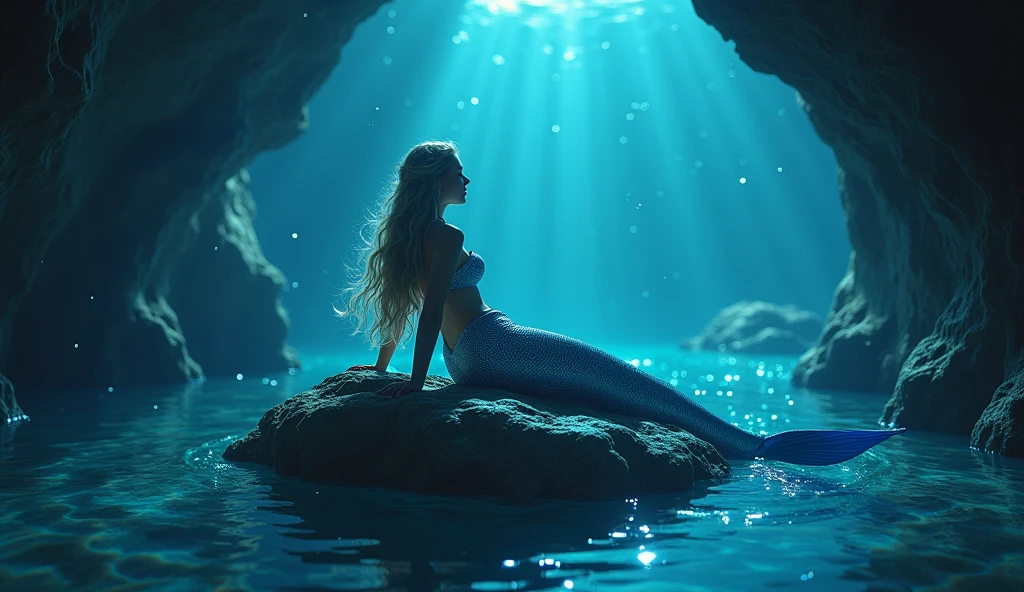 A seductive mermaid with flowing, iridescent hair and shimmering scales, lounging gracefully on a rock in a tranquil underwater cave. Her eyes glow softly as she sings, her voice resonating through the deep sea. The water around her is illuminated by bioluminescent sea creatures, and the scene is bathed in a soft, ethereal blue light, capturing the peaceful yet mesmerizing atmosphere of the ocean depths. Aim for realistic depiction, make sure photos are at highest resolution (8K)