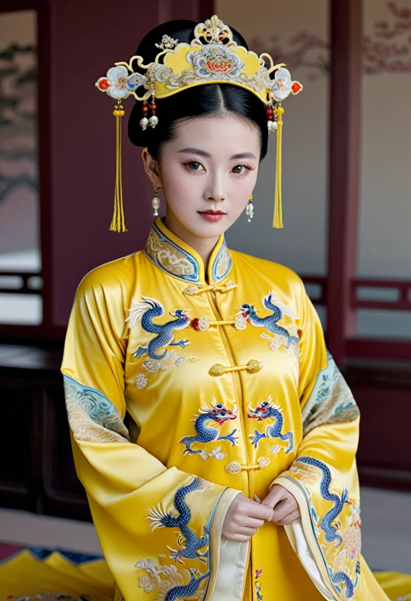 A woman from the Qing Dynasty is wearing a yellow Manchu costume embroidered with small dragons, and is posing naked with her clothes removed. The background is the luxurious Empress's Palace of the Qing Dynasty.