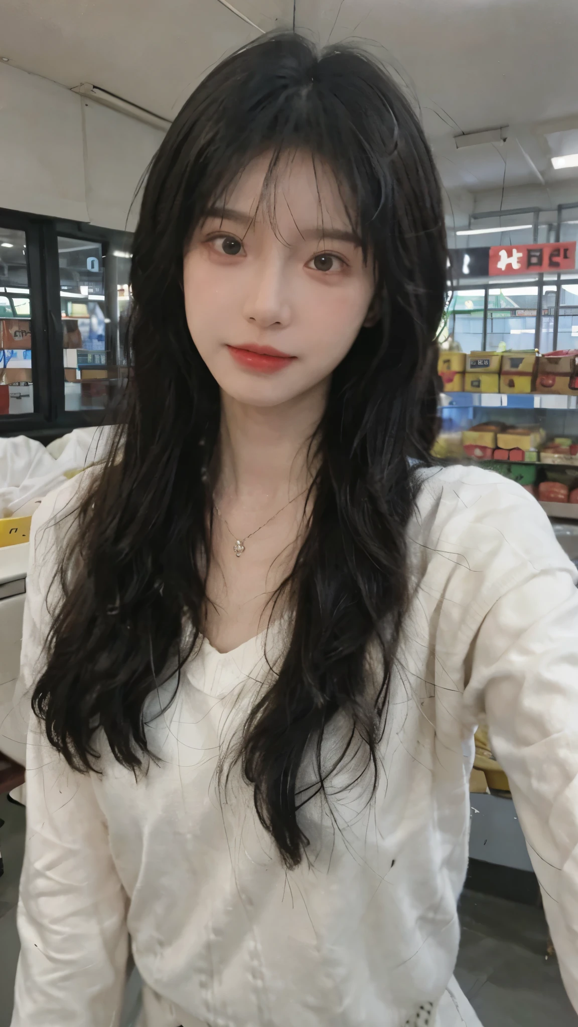 Best quality，Ultra-high resolution,(Realism:1.4)，Cute hairpins，girll,Cropped black sweater，Look directly at the audience，Full of atmosphere，Beautiful woman with a slim figure:1.4，supermarket，whole body，Super delicate face，Exquisite eyes，Double eyelids，necklace