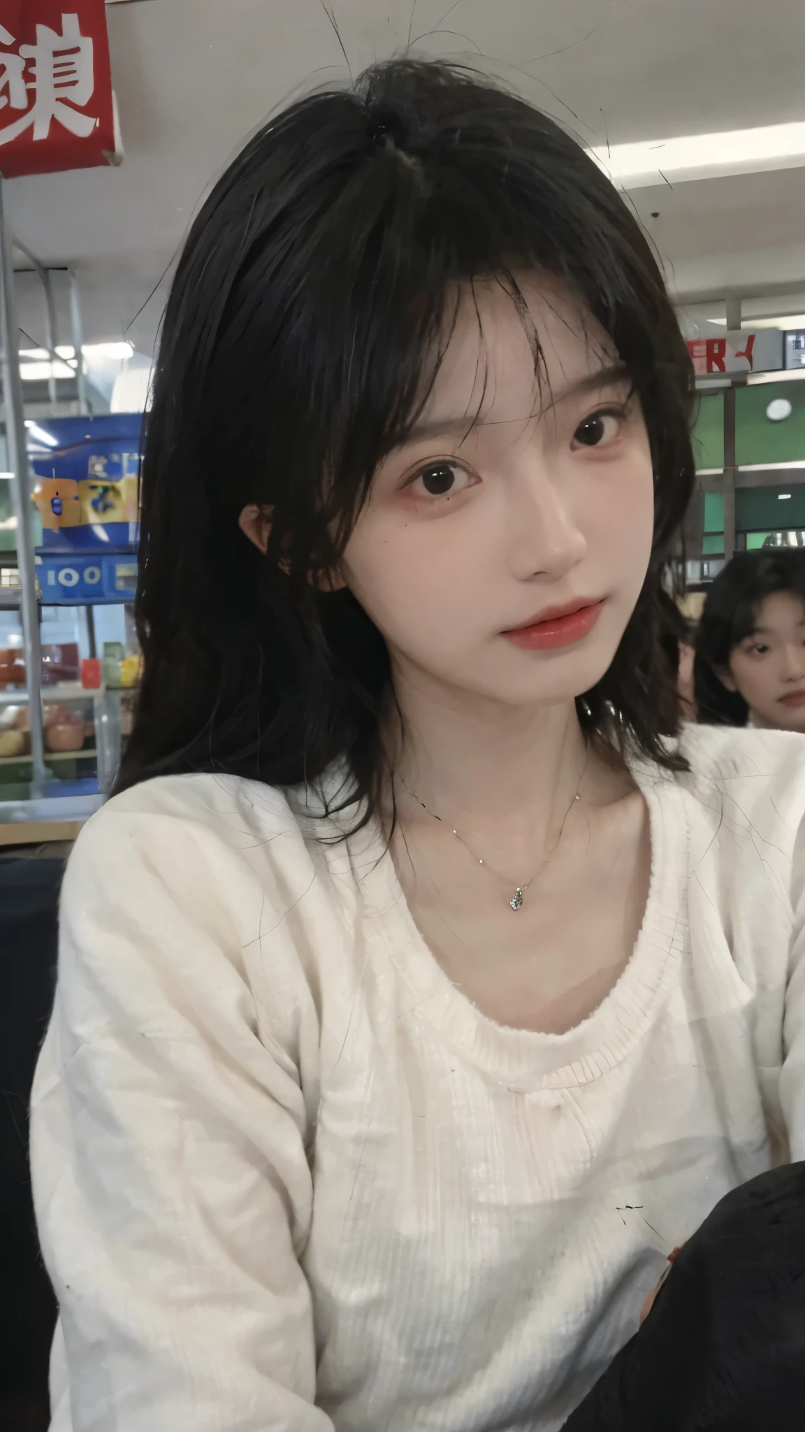 Best quality,Ultra-high resolution,(Realism:1.4),Cute hairpins,girll,Cropped black sweater,Look directly at the audience,Full of atmosphere,Beautiful woman with a slim figure:1.4,supermarket,whole body,Super delicate face,Exquisite eyes,Double eyelids,necklace