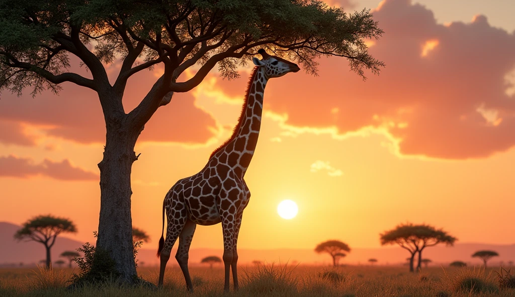 G is for Giraffe, so tall and grand:
"A towering giraffe with a long neck reaching up to eat leaves from the top of a tall tree, set against an African sunset."