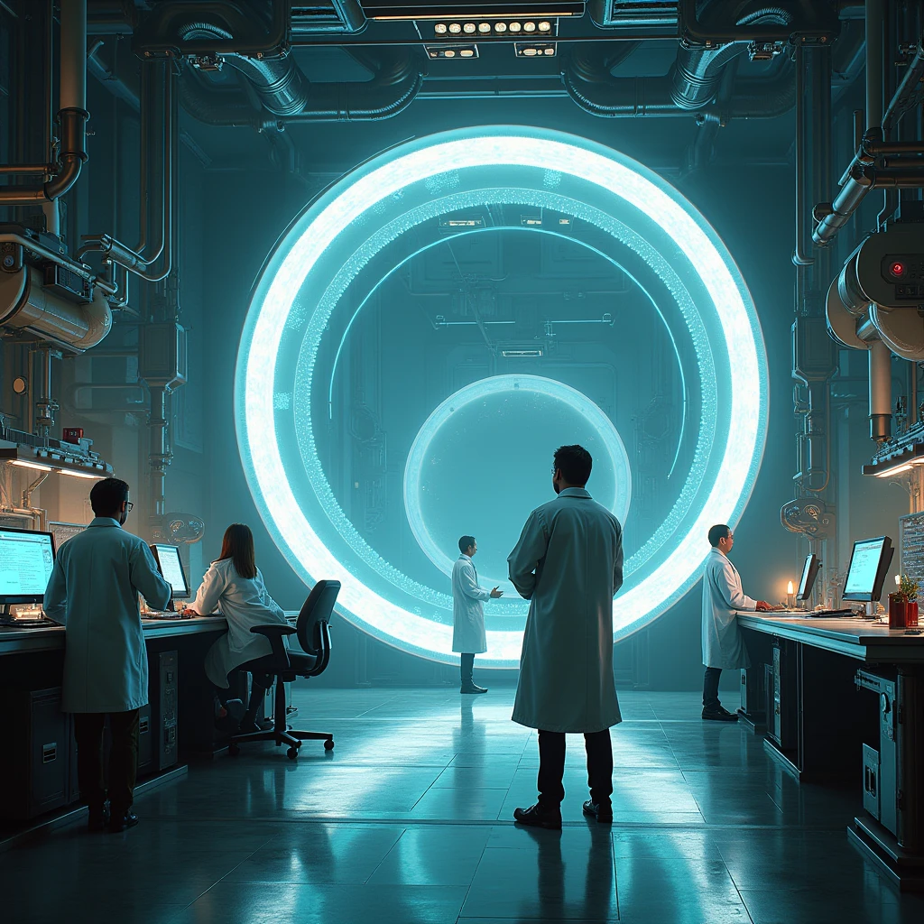 A high-tech laboratory researching time travel, with portals to different eras.