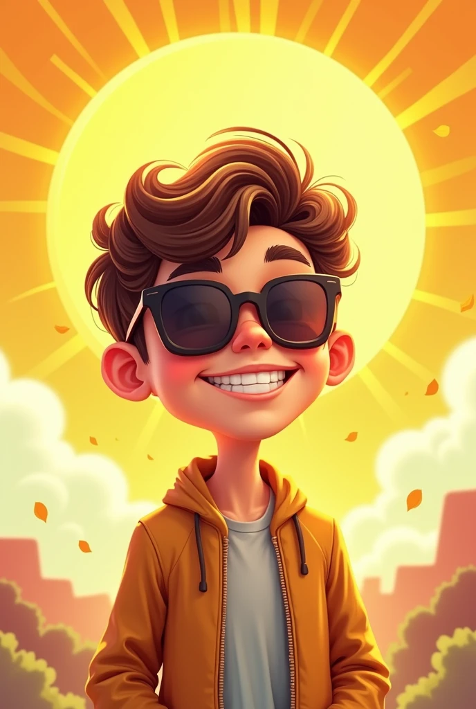 A lucky boy,Cartoon,Wear sunglasses,rich,Bright background,There is sun