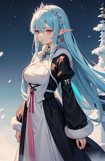 Anime, woman, long hair, pale blue hair, pink eyes, gently, earrings, big boob, wearing a black dress, beautiful, elegant, pure, fantasy, ice, snowflake, snow land, cool, noble, small smiled, fur coat, elf,