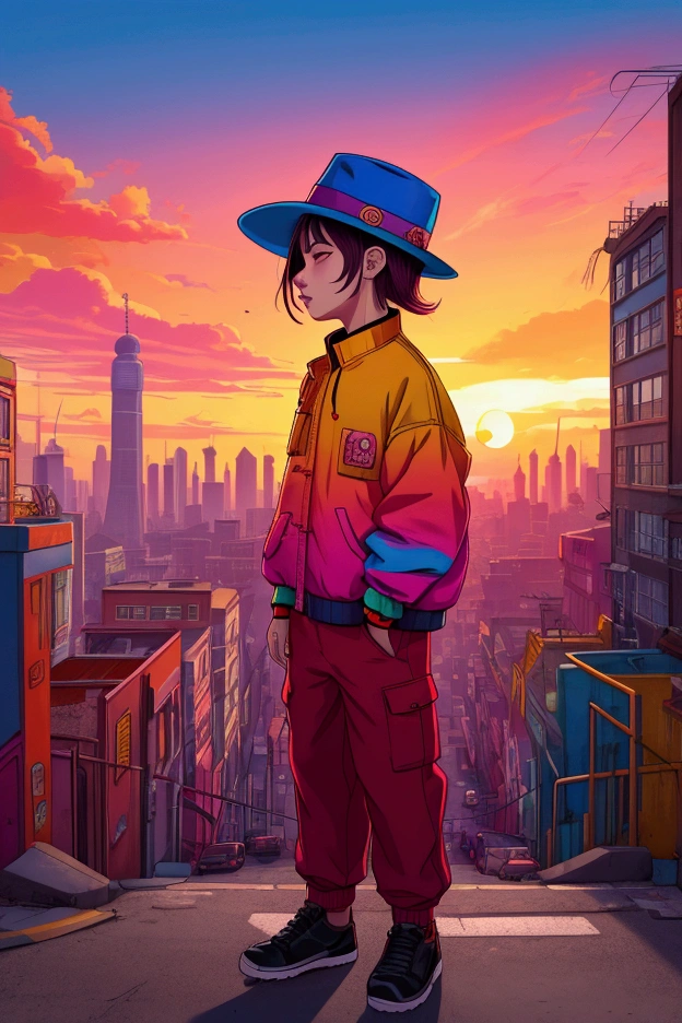 Album Artwork of an urban landscape featuring a psychedlic sunset with VIBRANT COLORS AND a boy of 20 years in the center swearing urban clothes and a chinesse douli hat without revealing his face.