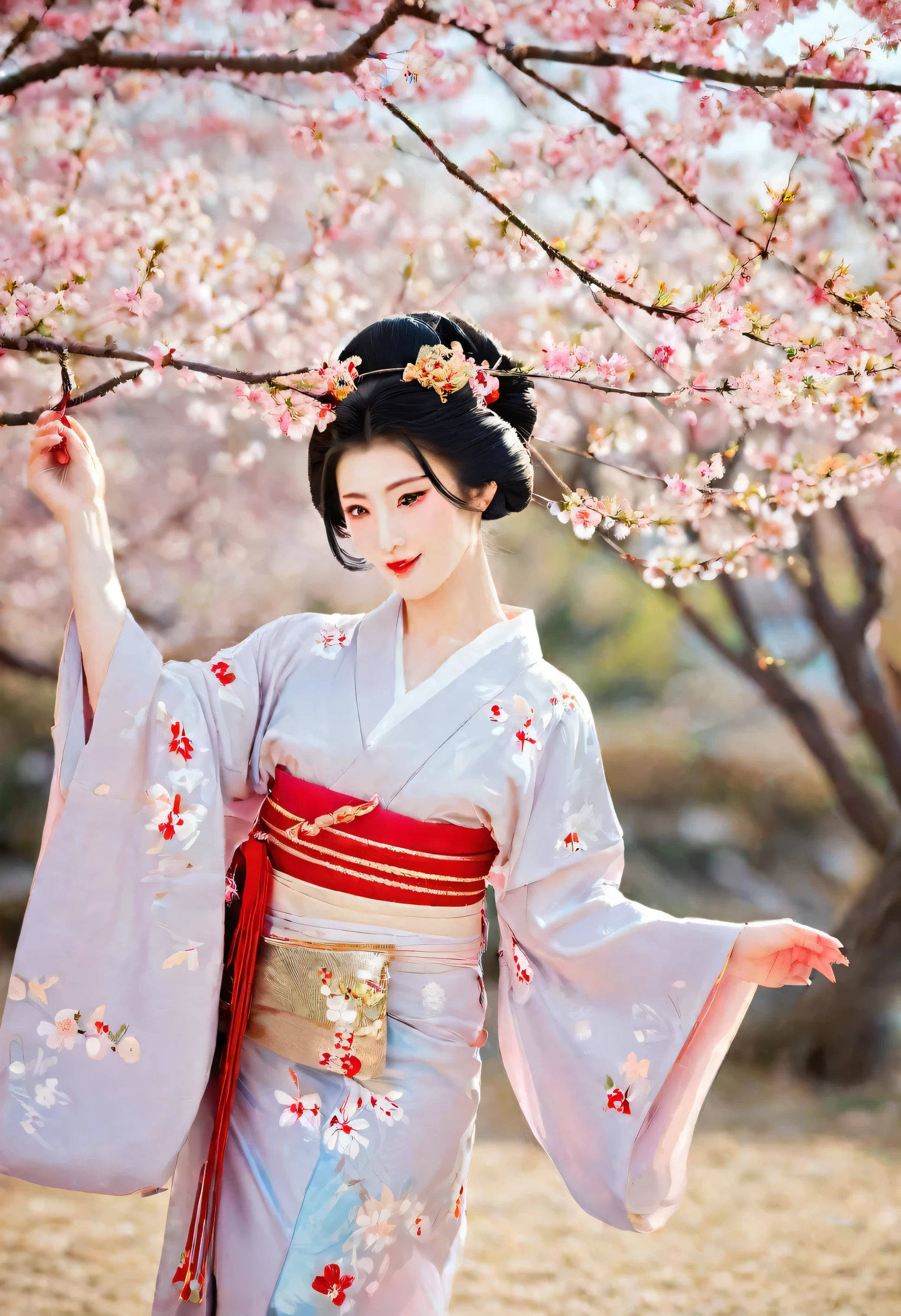 (A geisha stands gracefully under a cherry blossom, Look back and smile: 1.37), Pink cherry blossom petals next々And they scatter, (whole body) The face base makeup has no highlight or shadow decoration. Foundation covers the entire face and neck. Red lip makeup、The area of the mouth that is smaller than normal lips. Strengthen your eyes, Makes pupils appear darker and deeper. Straight eyebrows are not only eye-catching、Informal, Cleanse the entire face. Typical Japanese Geisha makeup, Wearing a gorgeous kimono embroidered with red and gold cherry blossoms, This is a long-sleeved kimono, Wearing clogs, Realistic depiction of light and shadow, Realistic and exaggerated photos, super high quality, Super Details, Cinematic shots, Shallow depth of field