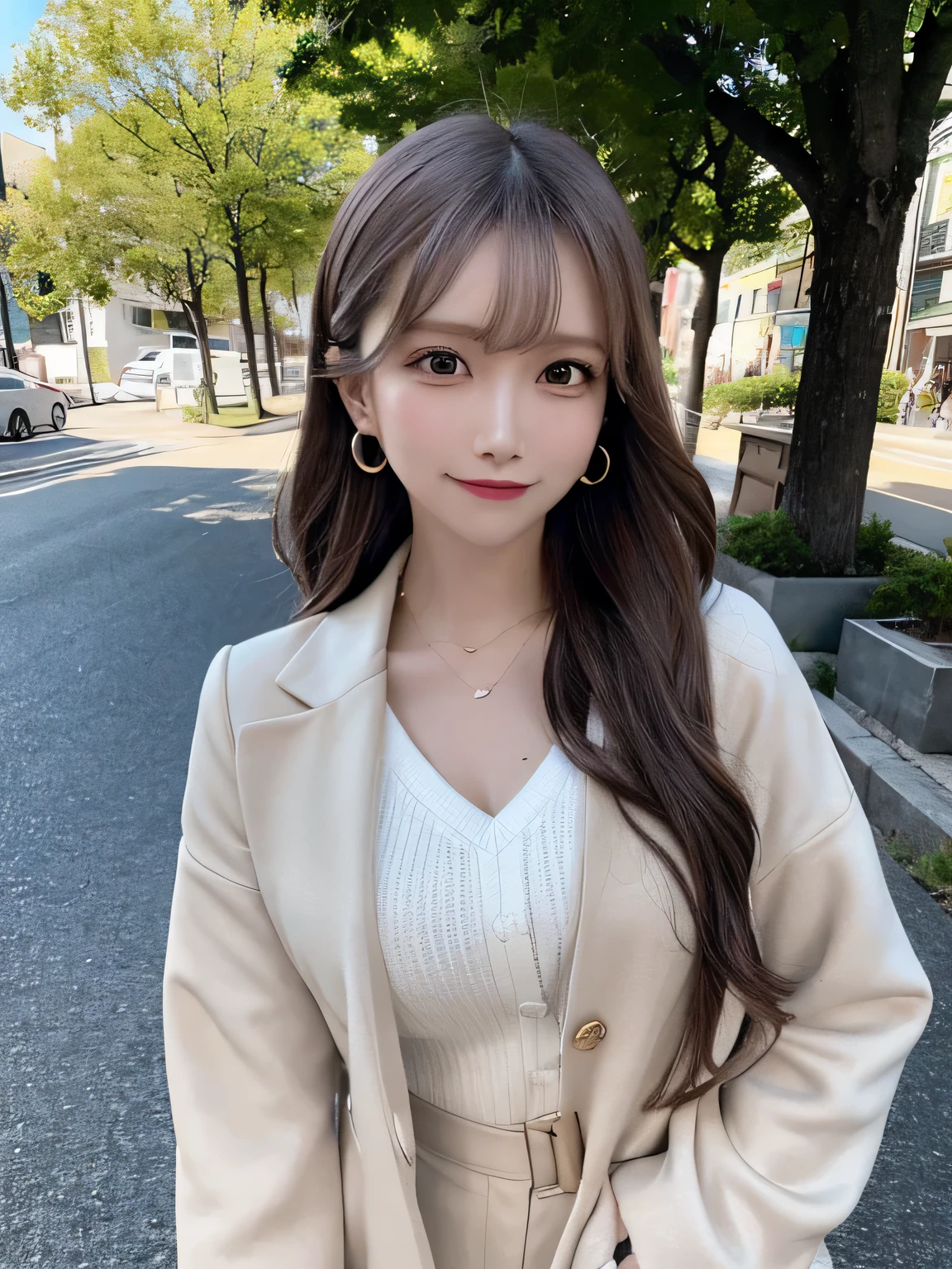 masterpiece, Highest quality, High resolution,alone,Brown Hair, Small earrings,Long Hair, outside,artistic,An illustration,Line art,Aqua Eye,morning,Best lighting,sun,casual,Large Breasts,watercolor,Beautiful Face,expensive,sexy,Woman wearing a jacket,いたずらなsmile,smile,light makeup,nature,office Street