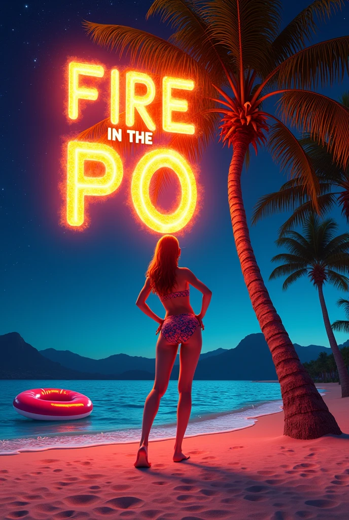 Create a palm tree in the background sea and behind it you can see a party girl on Mallorca below the palm tree is a swimming ring above it are stars above it is written in burning letters FIRE IN THE PO