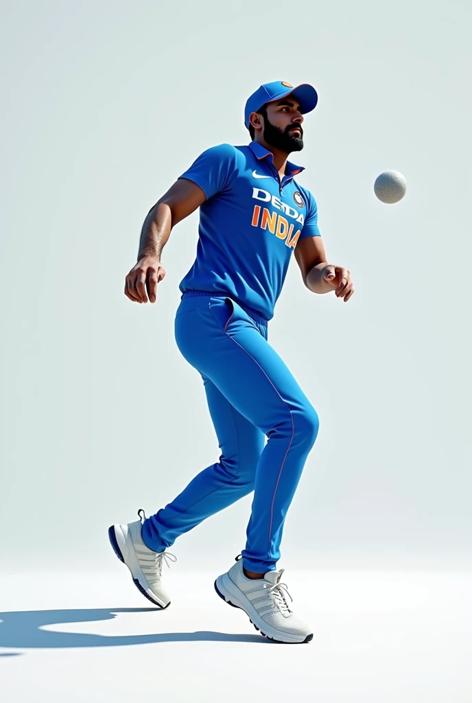 Give me a blue jersey with INDIA written on the back. Wearing white sneakers, the cricket player's back is leaning forward, the center is on the right foot, the right elbow is bent, the right leg is bent, the left leg is raised, and the left hand is raised to the left front to prepare for the pitch.,Show back,顶光drop shadow, anaglyph, stereogram, tachi-e, ass pov, atmospheric perspective, 8k, super detail, best quality