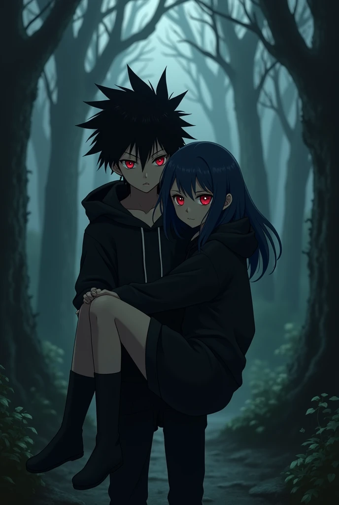 A boy ((( Anime boy , Spiky hair , black hair , black hoodie , blood red eyes , narrowed eye
))) , A girl ((( Anime girl , dark blue hair , modern day mullet hair style , black hoodie , red eyes , almond eye ))) , boy carrying the girl , girl behind the boy , dark forest background
