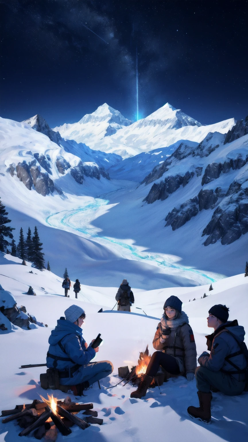 A group of explorers huddles around a campfire in the middle of a vast, snow-covered wilderness, the night sky above them a deep blue. The firelight casts warm, flickering shadows on their faces as they review a map labeled "Crypto Winter Survival Kit," their expressions a mix of concern and determination. The background features towering, snow-capped mountains and a clear blue sky, with snow gently falling. Scattered around them are survival tools and gear, each marked with a cryptocurrency symbol, highlighting the struggle to navigate the cold and unforgiving "Crypto Winter