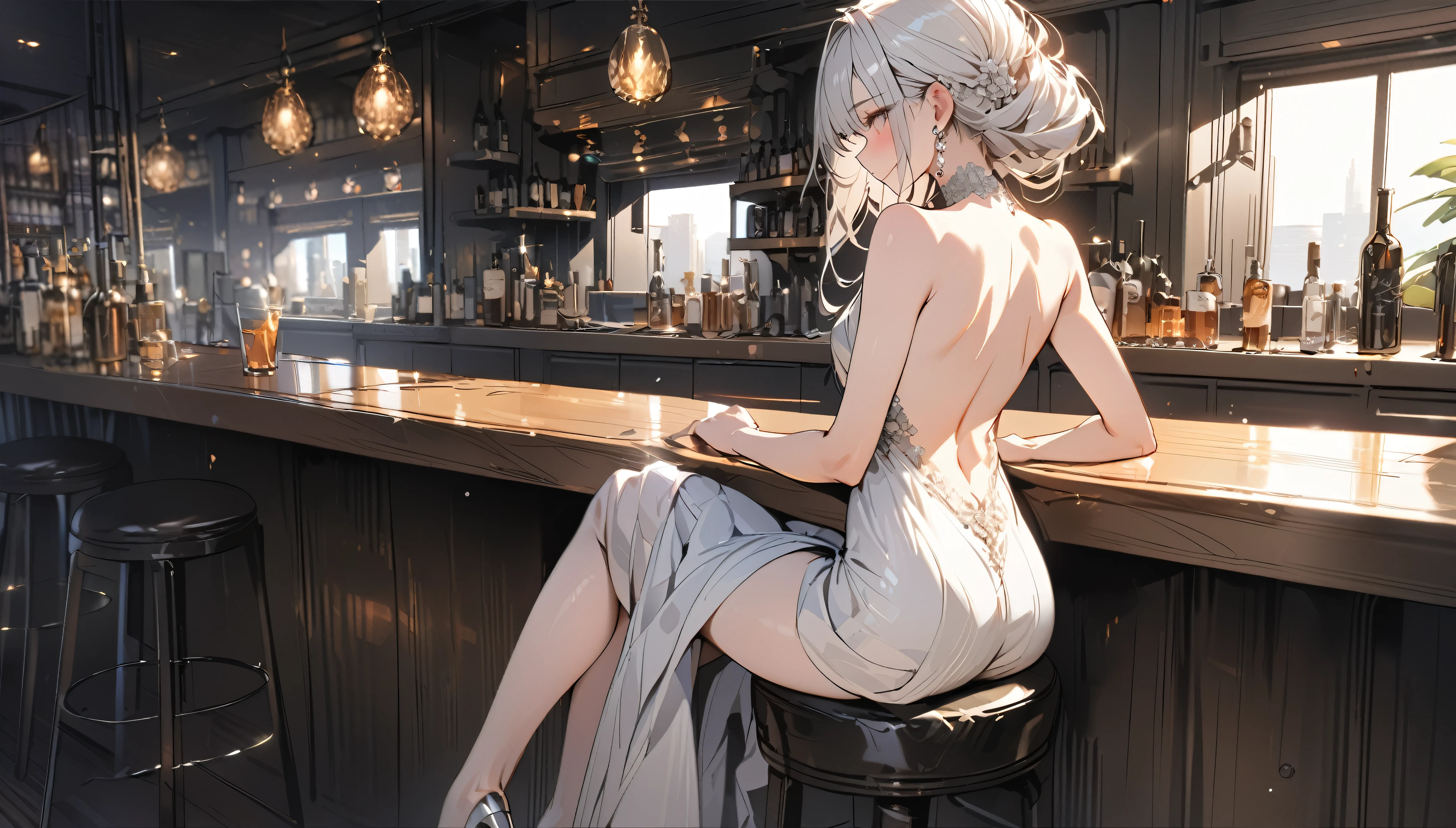Girl with long white hair,Backless evening dress,High heel,Sitting on a bar stool,best quality, 4K, 8k, Very detailed, High Detail, masterpiece