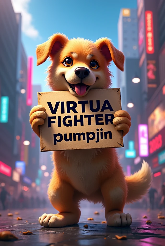 dog holds a sign that says "Virtua Fighter" and pumpjin