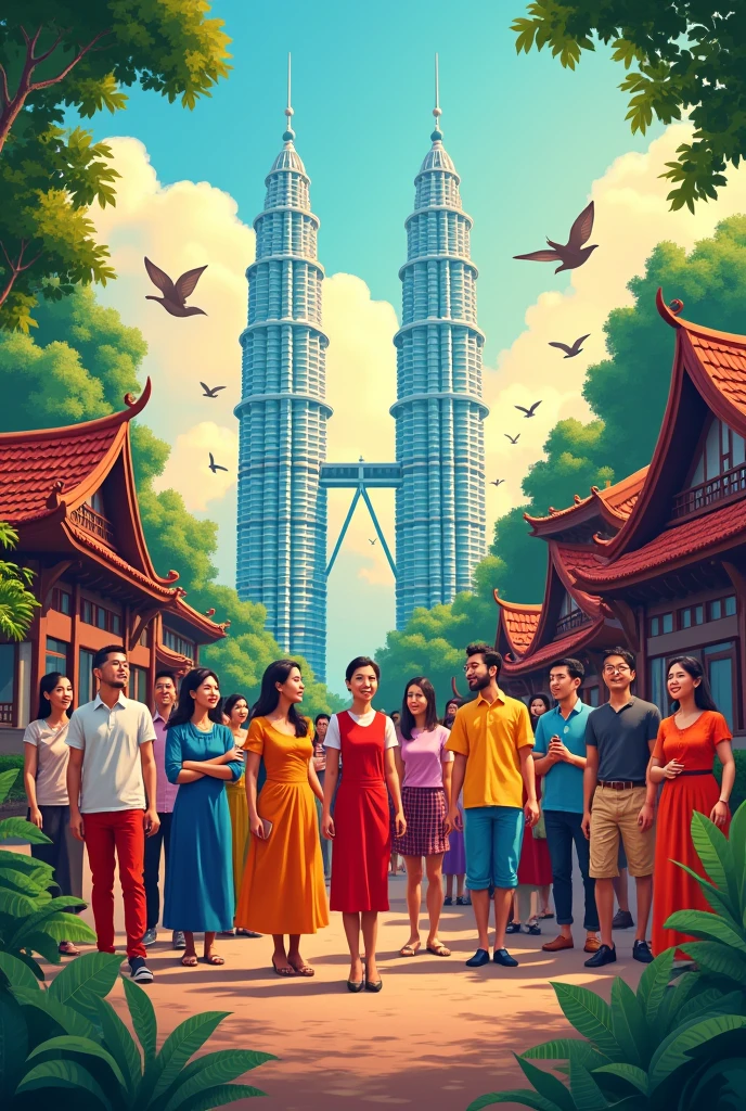 A poster of a malaysia national day, show malaysia uniqueness that other country doesn't have, such as multiple culture and races.