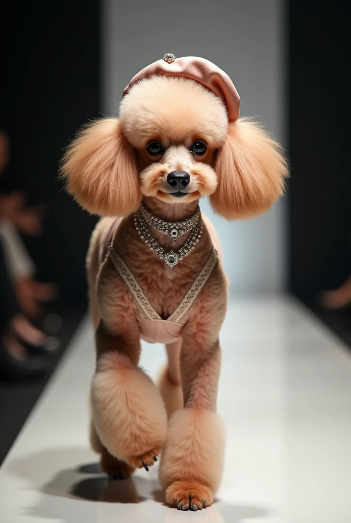 An elegant poodle moves gracefully on the catwalk，Wearing exquisite satin lingerie and delicate lace。The look was paired with a chic beret and jeweled choker。High-resolution images highlight fabrics and details，Make your poodle look like a noble fashion star。”