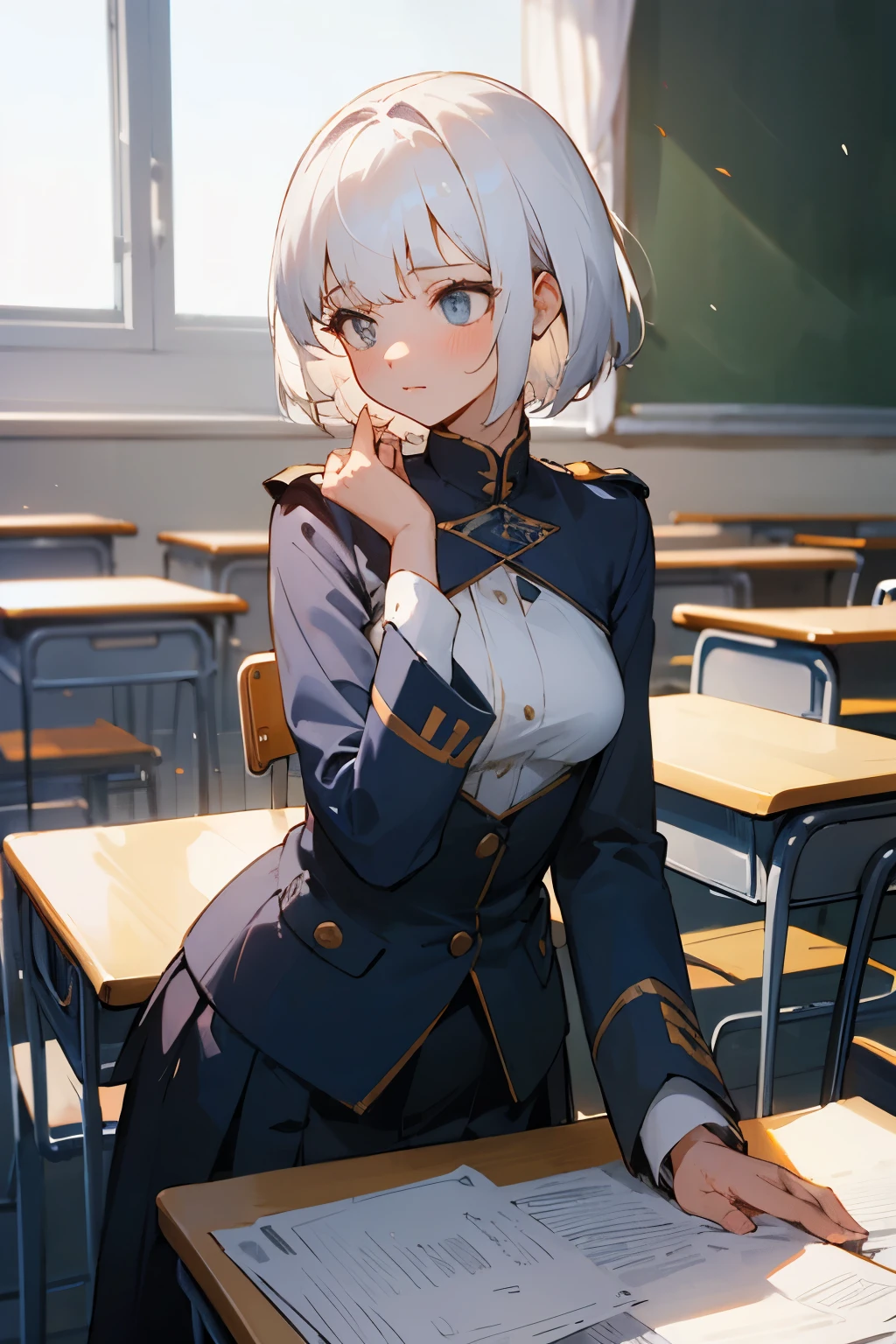 A beautiful girl with short white hair is trying to change out of her uniform in the classroom