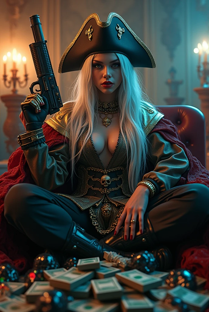 Surreal 8K 32k Realistic and Super Fantasy Very detailed Dynamic seating position Cinema Lighting 3d Clear Eyes Gem pirate Silver髪 Holds a gorgeous gun in his right hand pirateの髑髏マーク帽子 black, Money, Silver Skull Necklace Hold a stack of bills in your left hand ゴージャスなpirateファッション Spilling Jewels Silver髪 Cute girl