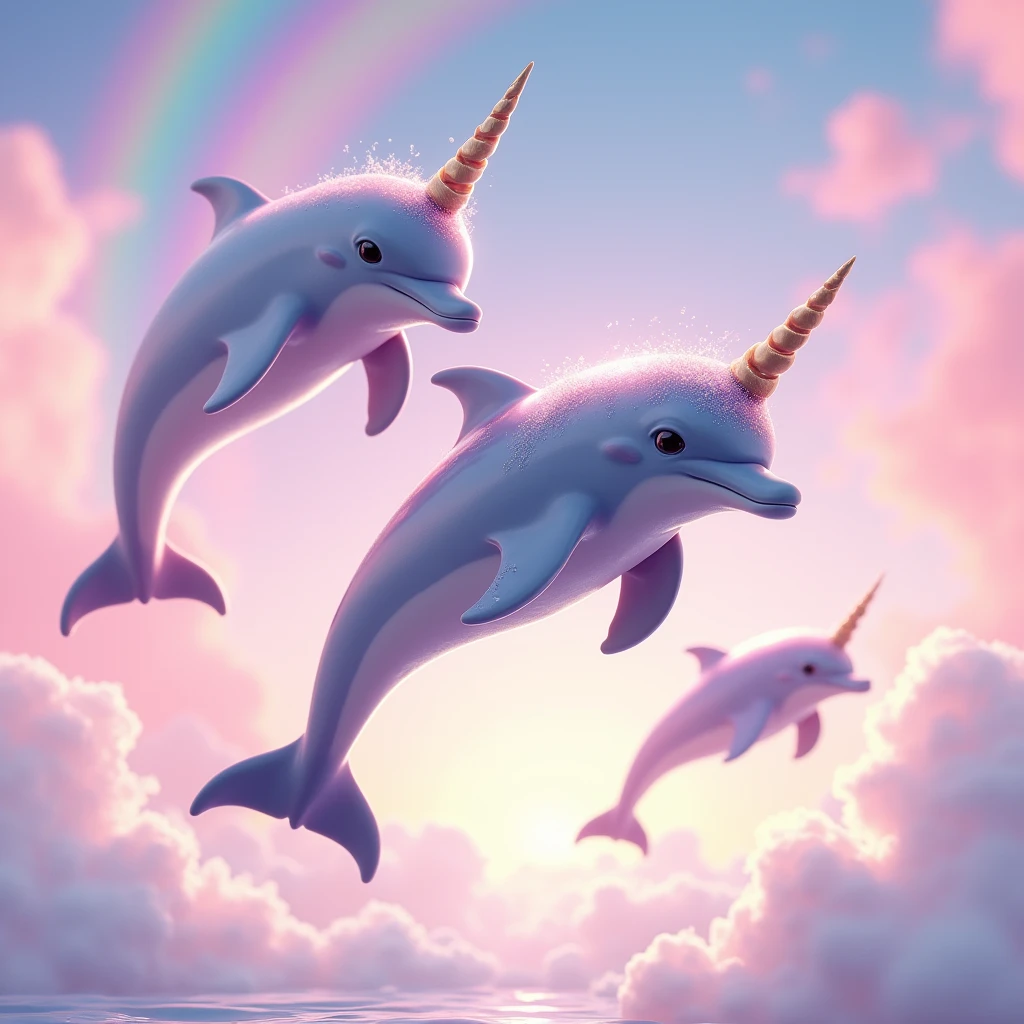 Dolphins with unicorn horns jumping against a pink sky and rainbow colors, very colorful