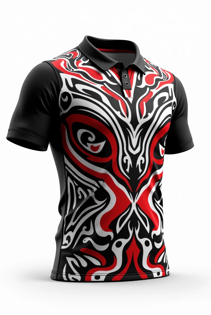 Create for me rugby jerseyMaori tribe pattern design black red white   full pattern black collar white background clear design indigenous pattern