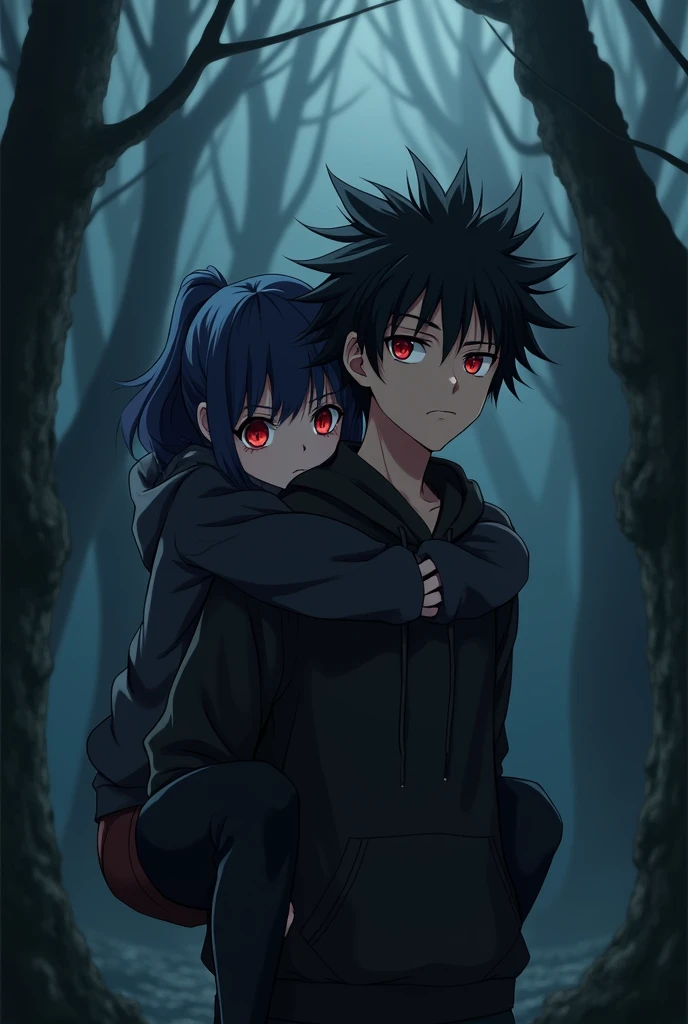 A boy ((( Anime boy , Spiky hair , black hair , black hoodie , blood red eyes , narrowed eye
))) , A girl ((( Anime girl , dark blue hair , modern day mullet hair style , black hoodie , red eyes , almond eye ))) , boy carrying the girl , piggy back ride , girl behind the boy , dark forest background