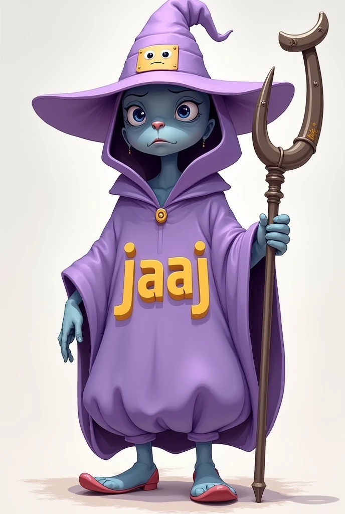 Personnage avec un petit chapeau violet clair avec une étiquette déçu ce chapeau une cape violet pâle avec écrit jaaj sur la cape un bâton de métal qui ressemble a un j des chaussures teinte de bleu pâle est du rouge clair pâle 