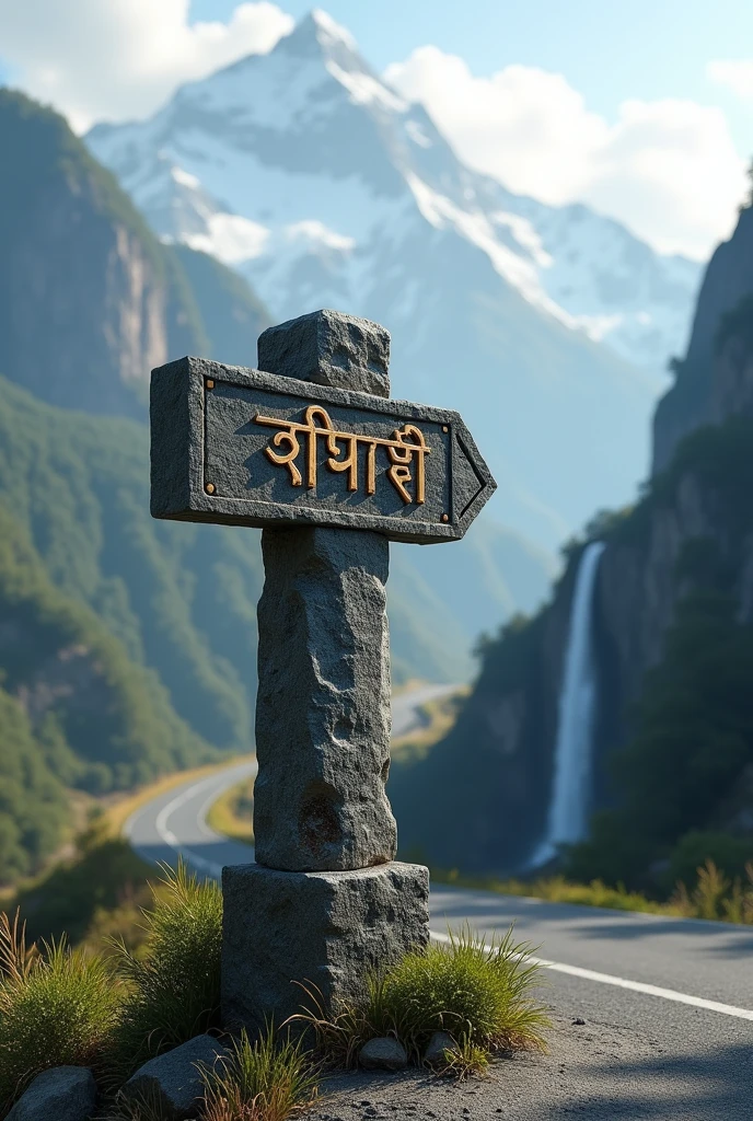 roadside milestone in mountain shelli wriiten on it in hindi