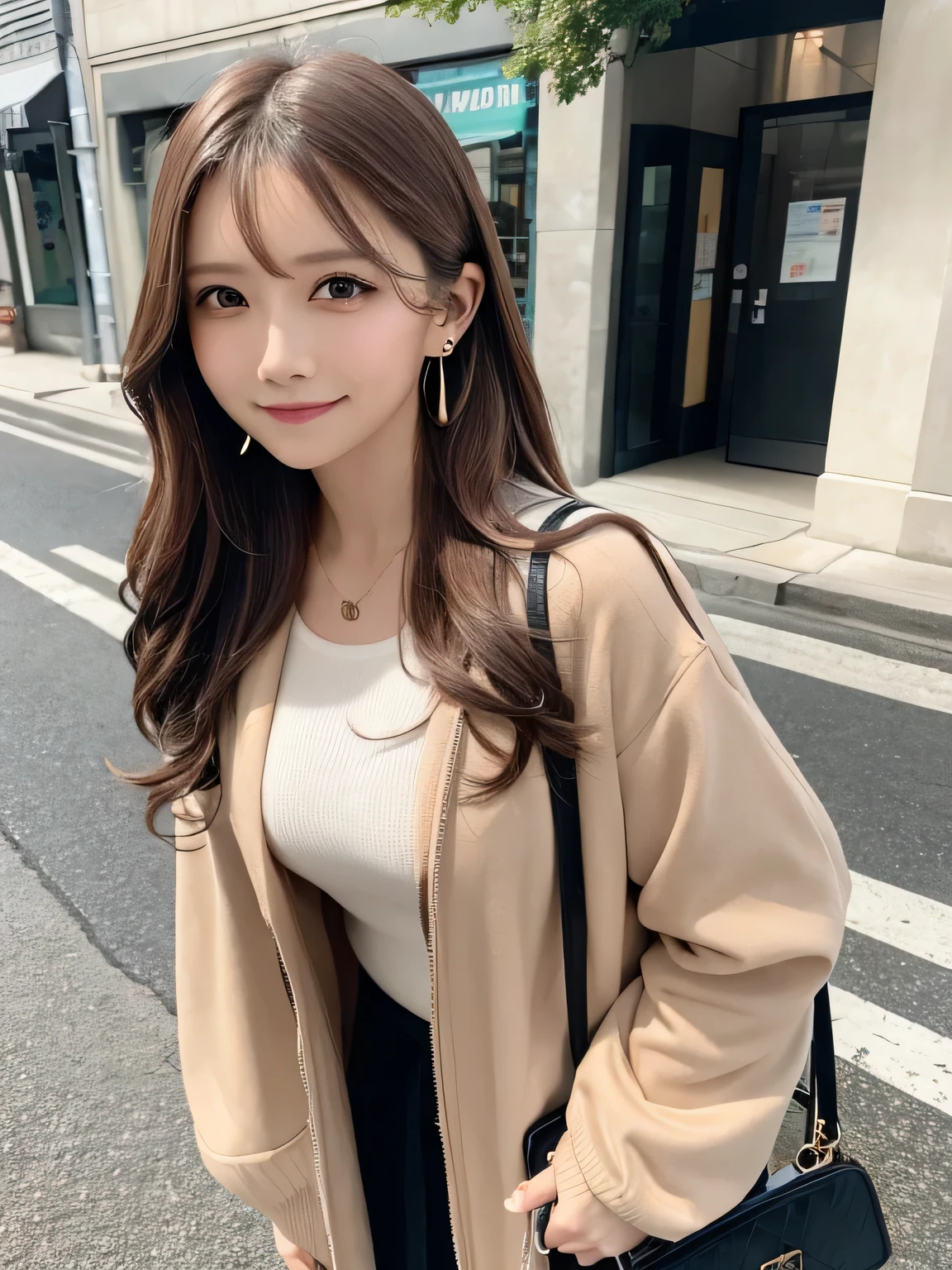 masterpiece, Highest quality, High resolution,alone,Brown Hair, Small earrings,Long Hair, outside,artistic,An illustration,Line art,Aqua Eye,morning,Best lighting,sun,casual,Large Breasts,watercolor,Beautiful Face,expensive,sexy,Woman wearing a jacket,いたずらなsmile,smile,light makeup,nature,office Street