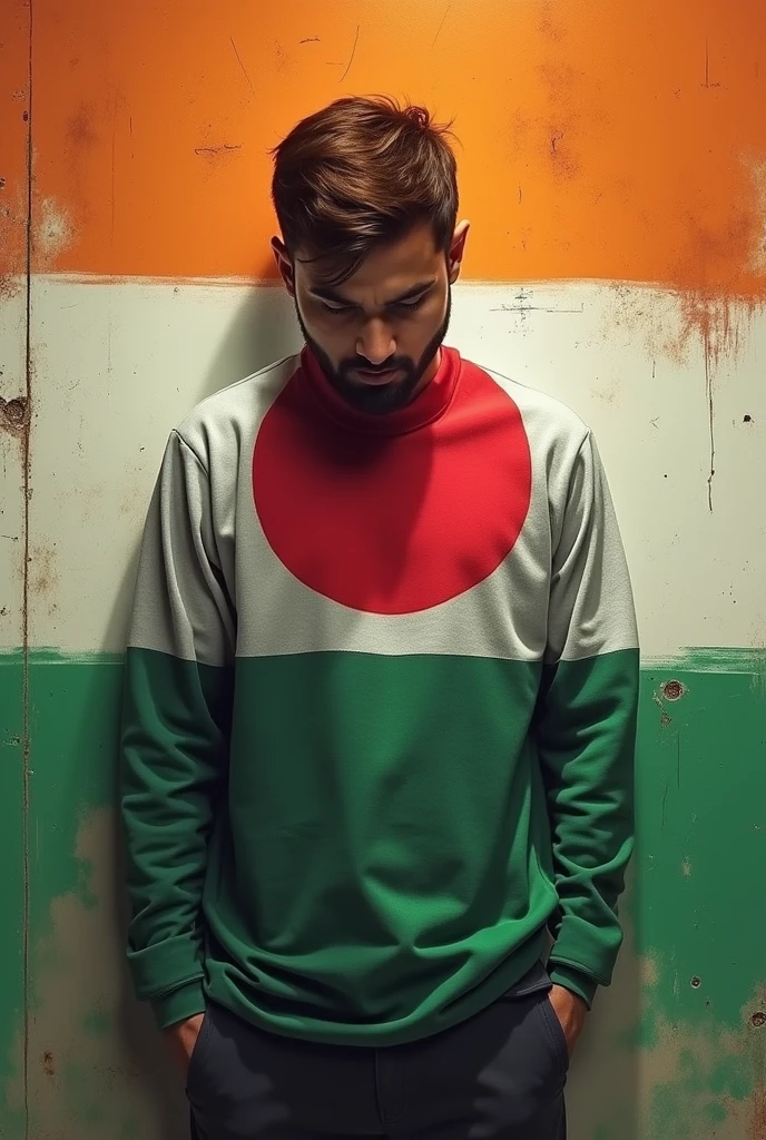 Generate an image where a Bangladeshi male urinating on a indian flag.