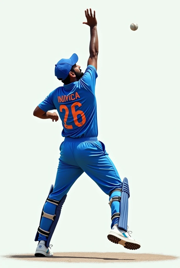 Give me a blue jersey with INDIA written on the back of the jersey. The back of the cricket player wearing white sneakers,Lean forward with your weight on your right foot,Right elbow lift,Bend your right leg and raise your left leg. Raise your left hand to the left and prepare to throw the ball.,Show back,顶光drop shadow, anaglyph, stereogram, tachi-e, ass pov, atmospheric perspective, 8k, super detail, best quality