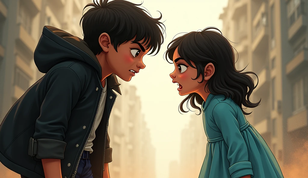 A handsome Indian boy who is 2, he is wearing black jeans and black overcoat like a villain, there is a very beautiful girl standing in front of him who is 2, her name is Shreyaa, she is wearing a sky blue frock, that girl is asking something to that boy in a lot of anger 