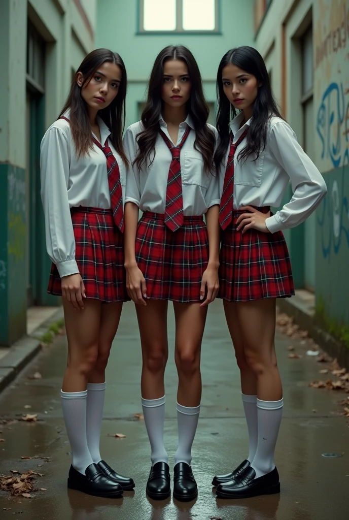 (Best Quality:10K, High resolution, masterpiece:1.2), ultra-detailed, (photorealistic:1.37), ((Best Quality)), ((masterpiece)), (detailed), ((Whole body)), ((linda cailee spaeny)), ((Cynical smile)), ((3 sexy 20 year old women in high school uniforms)), ((All the girls have the same uniform: 1.8)), ((NSFW)), ((red tartan ultra tiny micro pleated mini skirt)), ((wet white shirt showing skin underneath)), ((nipples showing through wet material)), ((White knee high socks)), ((Black loafers)), ((red tartan tie)), ((chest visible through blouse)), ((Super shiny high gloss oily sweaty skin)), ((Whole body)), ((dark and moody lighting)), ((natural skin tones)), ((outside, in the courtyard of an abandoned school with peeling paint, Graffiti on the walls and broken windows)), ((no panties)), ((completely naked)), ((vagina on display)),