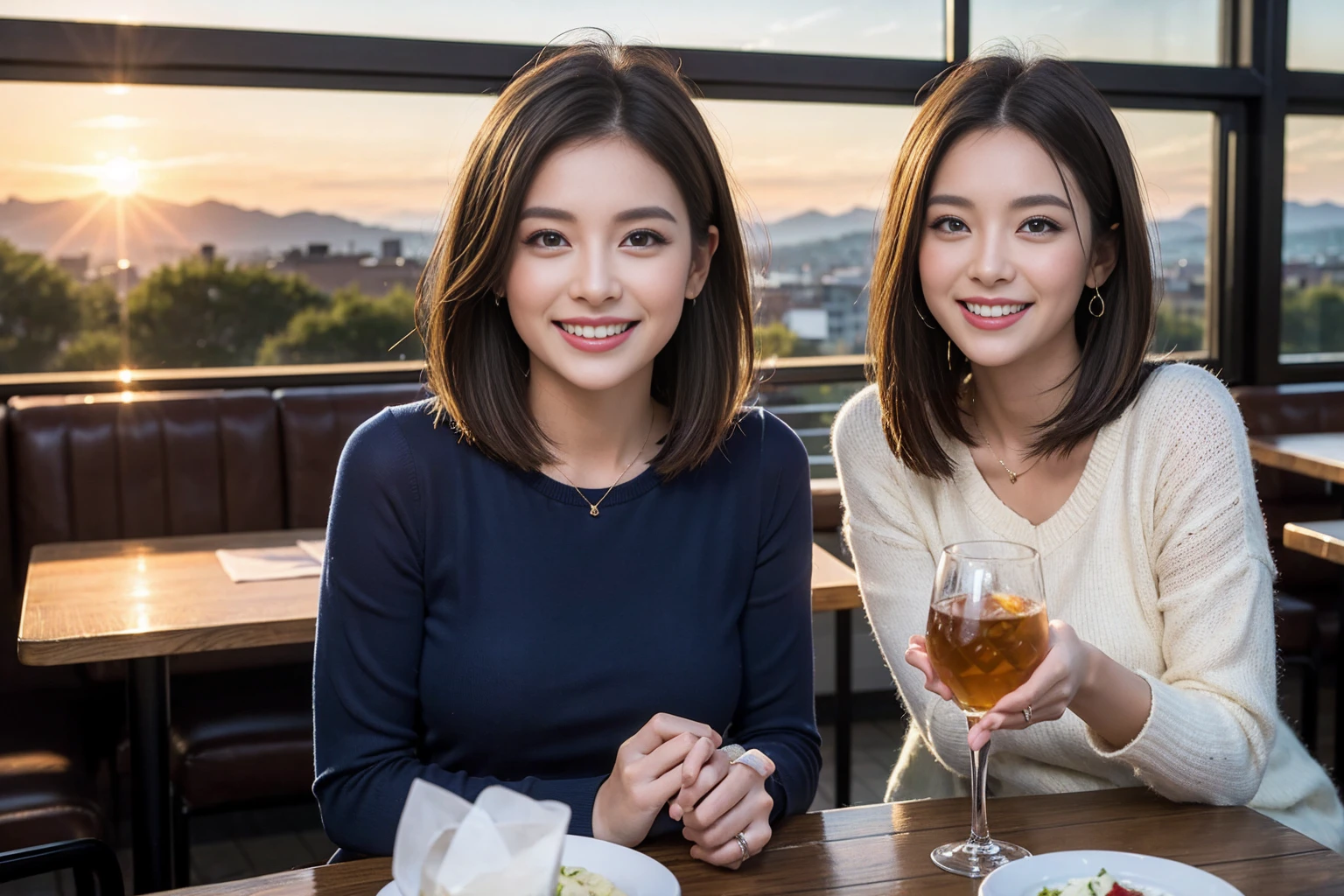 ((Highest quality、8k、masterpiece:1.3))、1 male、1 female、spouse、Beautiful couple、smile、 (Slim face), (The body is スリム), (Brown Hair), (Shortcuts), ((Bob Hale、Straight hair:1.2)), Whiskey bottle and glass on table、Single Malt、scotch、Shot Glass、shine light on the face、 Amazing view of the sunset sky and clouds、Amazing mountain views、smileの美しさ、Bright image、blush, Shortcuts,Bright Face、 (4), 3, Appetizers、Italian food、Long sleeve shirt、dress、Attractive beauty、restaurant, Nova Frog Style, actress, model, Upper Body,