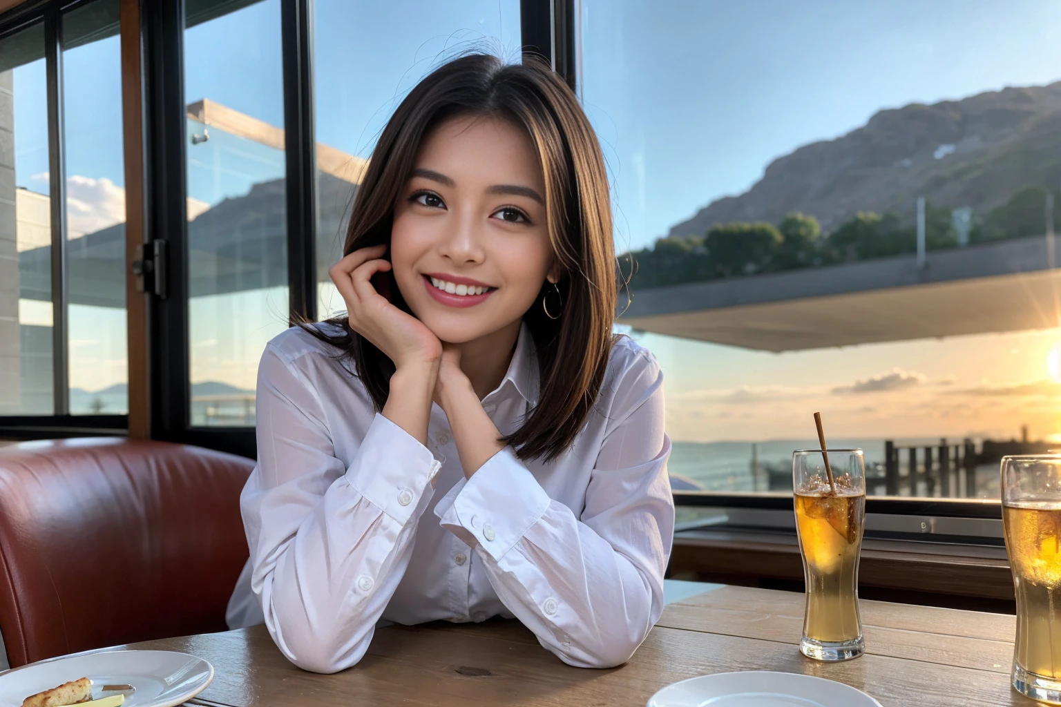 ((Highest quality、8k、masterpiece:1.3))、1 male、1 female、spouse、Beautiful couple、smile、 (Slim face), (The body is スリム), (Brown Hair), (Shortcuts), ((Bob Hale、Straight hair:1.2)), Whiskey bottle and glass on table、Single Malt、scotch、Shot Glass、shine light on the face、 Amazing view of the sunset sky and clouds、Amazing mountain views、smileの美しさ、Bright image、blush, Shortcuts,Bright Face、 (4), 3, Appetizers、Italian food、Long sleeve shirt、dress、Attractive beauty、restaurant, Nova Frog Style, actress, model, Upper Body,