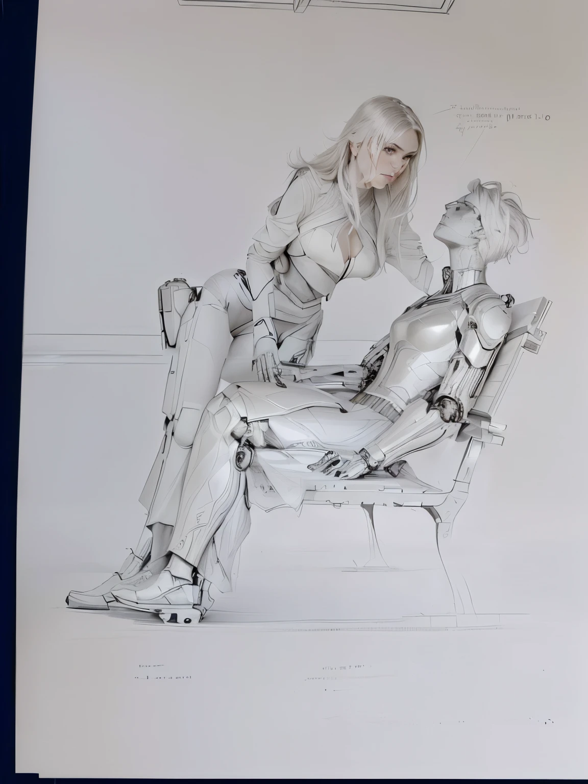 sketches of a woman, sitting on a bench with a man, sitting on a bench,  robot-dominant, by Sava Šumanović, realistic proportions sfw, realistic proportions!!, dark background, artistic light directed from the left, by Aleksander Kotsis, Victor Oliva, anatomically correct proportions.