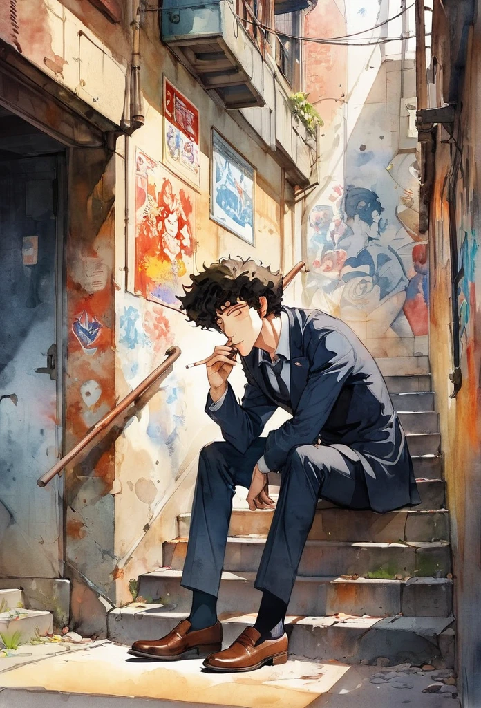 Anime-style Watercolor portrait of a man,A man sits on a steep staircase smoking a cigarette with his eyes closed.Men are Spike Spiegel,brown eyes, smile,black hair,1boy,Navy blue suit, brown leather shoes,The man holds the cigarette between his fingers and puts it in his mouth.Steep stairs with long rusty handrails,Right next to the stairs is the wall of an old building.There are many old posters and English graffiti on the walls.Full body portrait,Side view,Watercolor blur effect,Professional watercolor illustrations,