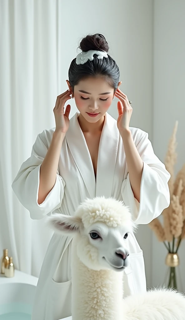 Create an Asian beauty,Standing on the ground,Hair in a bun,Beautiful beautiful big eyes,Regular facial features,Wearing a white satin bathrobe,Scratch your scalp with both hands,Two hands washing hair on top of head,There is a lot of real white foam and water on the hair,Foam wrap head,Real bubbles,Open your eyes,The expression is happy,The characters are realistic and realistic,There is a pure white cute alpaca next to it,Pure white high-end bathroom background,Character front position,9:16 frames,Ultra-high-definition picture quality