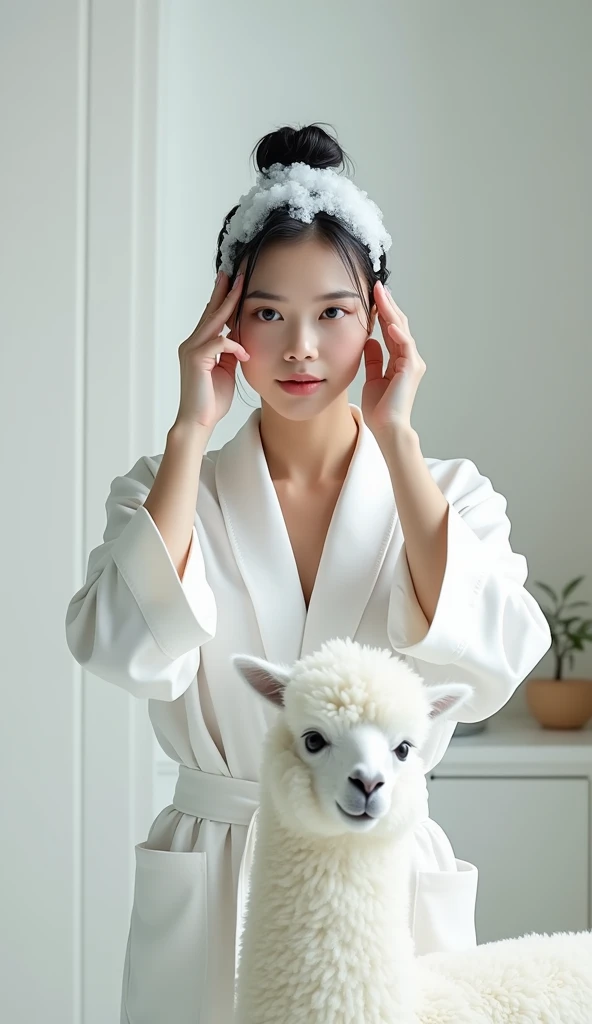 Create an Asian beauty,Standing on the ground,Hair in a bun,Beautiful beautiful big eyes,Regular facial features,Wearing a white satin bathrobe,Scratch your scalp with both hands,Two hands washing hair on top of head,There is a lot of real white foam and water on the hair,Foam wrap head,Real bubbles,Open your eyes,The expression is happy,The characters are realistic and realistic,There is a pure white cute alpaca next to it,Pure white high-end bathroom background,Character front position,9:16 frames,Ultra-high-definition picture quality