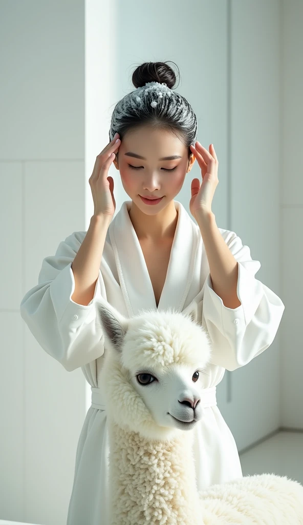 Create an Asian beauty,Standing on the ground,Hair in a bun,Beautiful beautiful big eyes,Regular facial features,Wearing a white satin bathrobe,Scratch your scalp with both hands,Two hands washing hair on top of head,There is a lot of real white foam and water on the hair,Foam wrap head,Real bubbles,Open your eyes,The expression is happy,The characters are realistic and realistic,There is a pure white cute alpaca next to it,Pure white high-end bathroom background,Character front position,9:16 frames,Ultra-high-definition picture quality