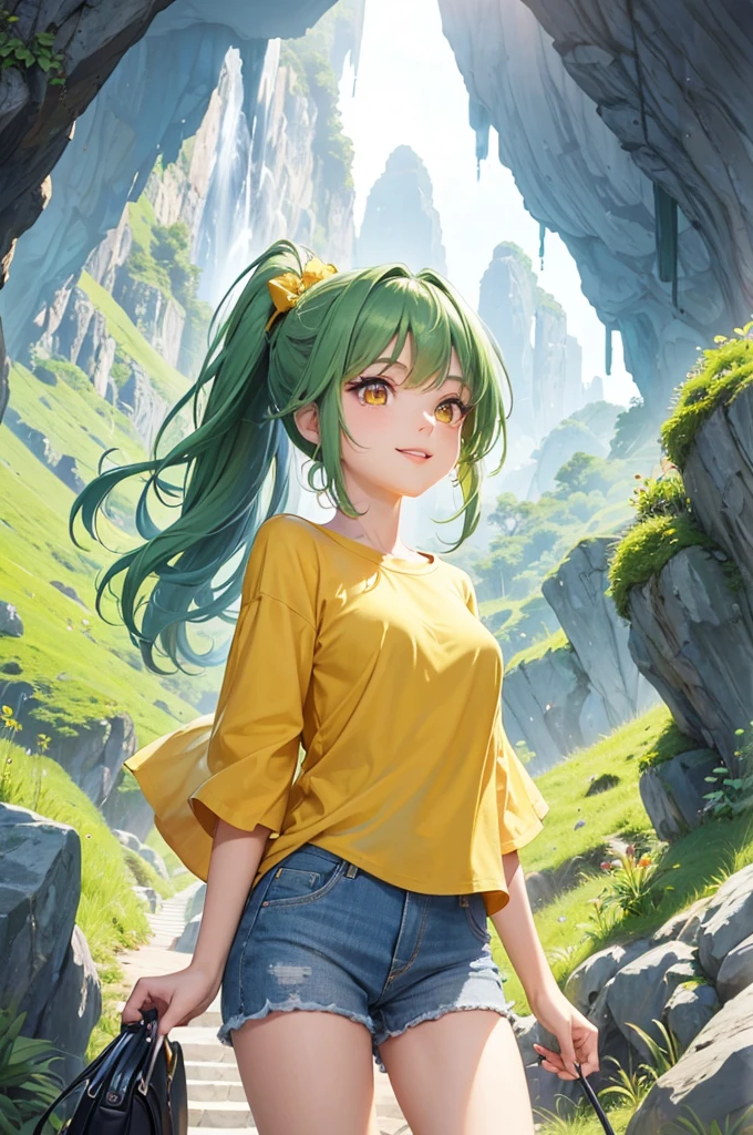 (sightseeing style) (enjoy walking), (looking up, solo:2, 15 yo), (beautiful ponytail) (glossy beautiful green hair long hair) (beautiful cute girl), (glossy lip, happy smile, best beauty yellow eyes), (medium tits), in a casual yellow tropical blouse, short pants, break, in the Valley of Gangara in Okinawa, background okd Stalactites with double exposure Mysterious, BREAK, perfect anatomy, masterpiece, best quality, 16k, beautiful detailed grow, daydreaming expression.