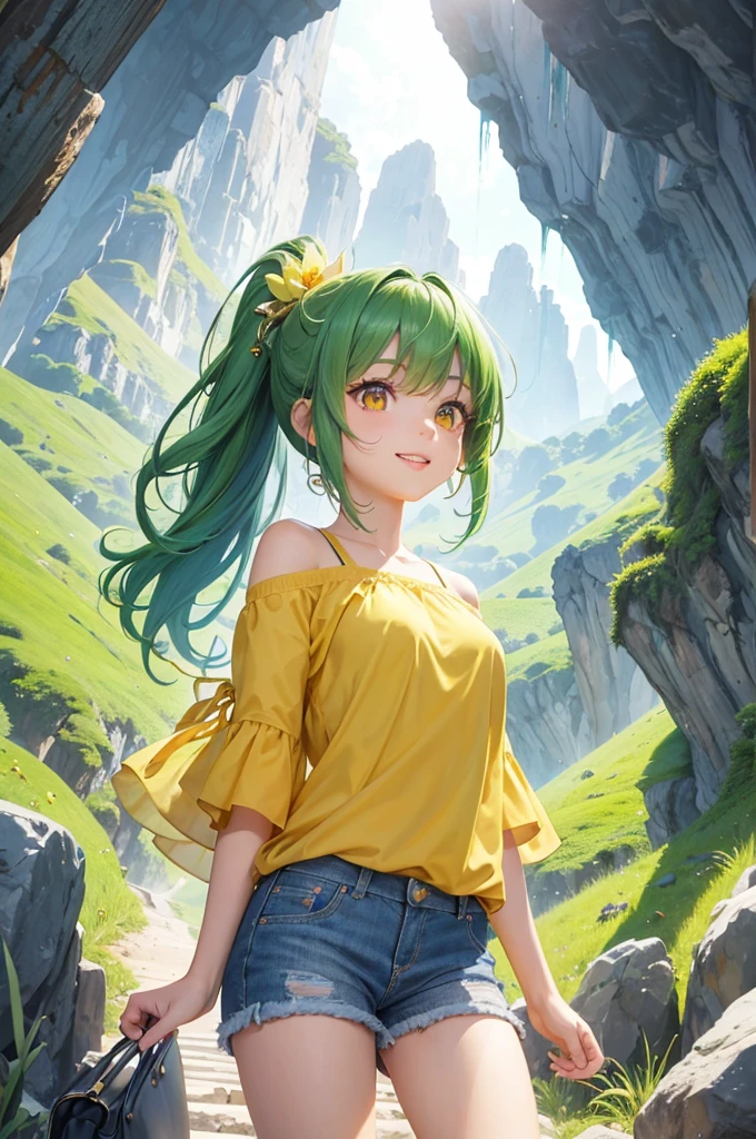 (sightseeing style) (enjoy walking), (looking up, solo:2, 15 yo), (beautiful ponytail) (glossy beautiful green hair long hair) (beautiful cute girl), (glossy lip, happy smile, best beauty yellow eyes), (medium tits), in a casual yellow tropical blouse, short pants, break, in the Valley of Gangara in Okinawa, background okd Stalactites with double exposure Mysterious, BREAK, perfect anatomy, masterpiece, best quality, 16k, beautiful detailed grow, daydreaming expression.