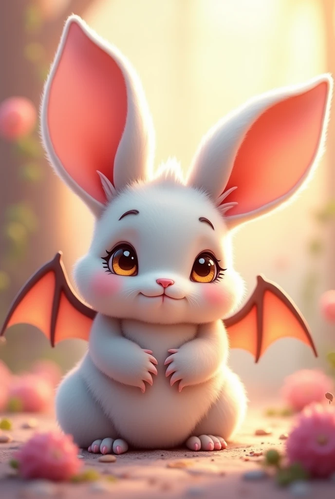 Cartoon 2D, cute, half bat and half bunny, cute, yellow eyes