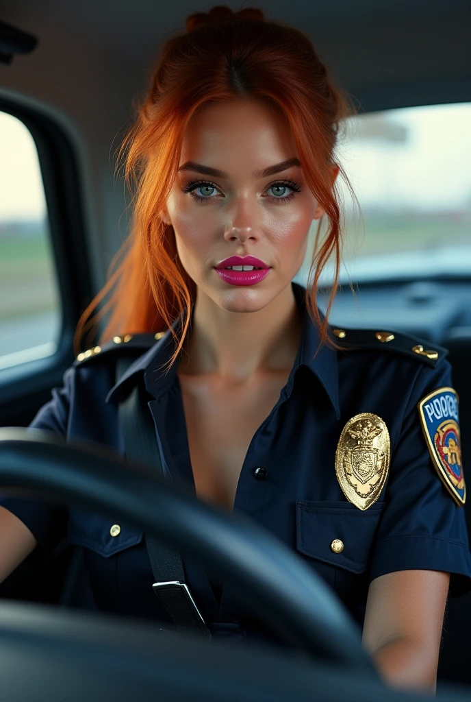 ultra realistic, photography, long straight red hair, (30 years old, hourglass figure, perfect body, natural medium breasts), shiny pink lips, Long eye lashes, Award Winning Glamour Photograph extremely detailed award winning glamour photograph, front lit, HDR, she wears an american cop costume, she has her hair in a ponytail, she is driving an american police car