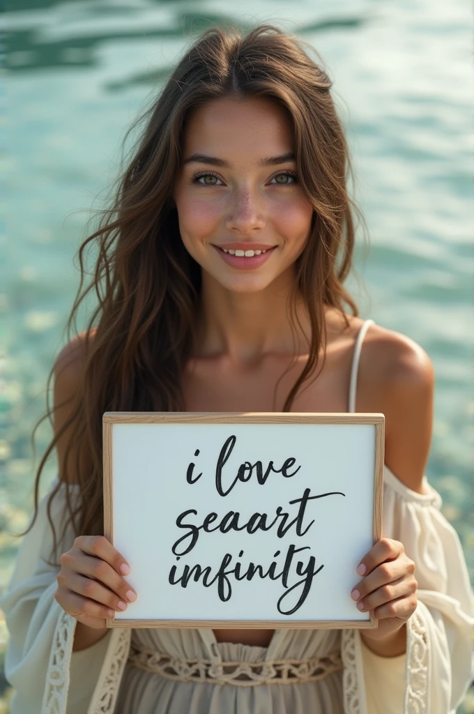 Beautiful girl with wavy long hair, bohemian dress, holding a white board with text "I Love Seaart Infinity" and showing it to the viewer