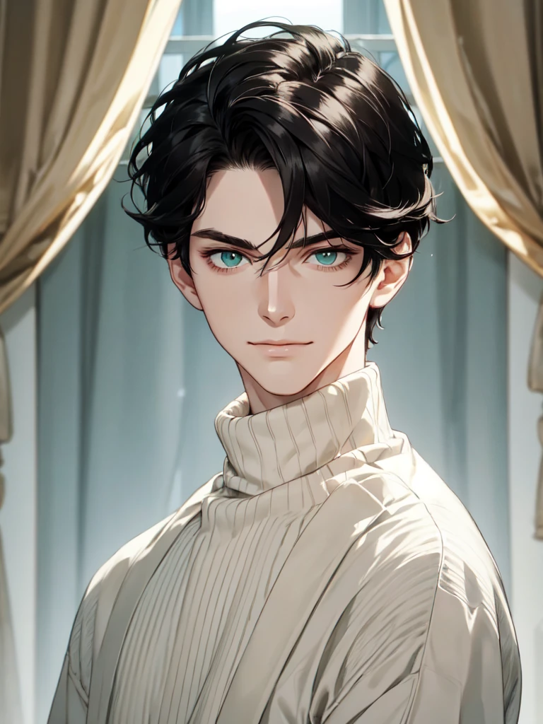 (best quality), 1boy, pale skin, black hair, medium hair, curtain hair, tousled hair, green eyes, perfect eyes, dark circles under eyes, handsome, light smile, attractive, turtleneck sweater, masterpiece, anatomically correct, highres