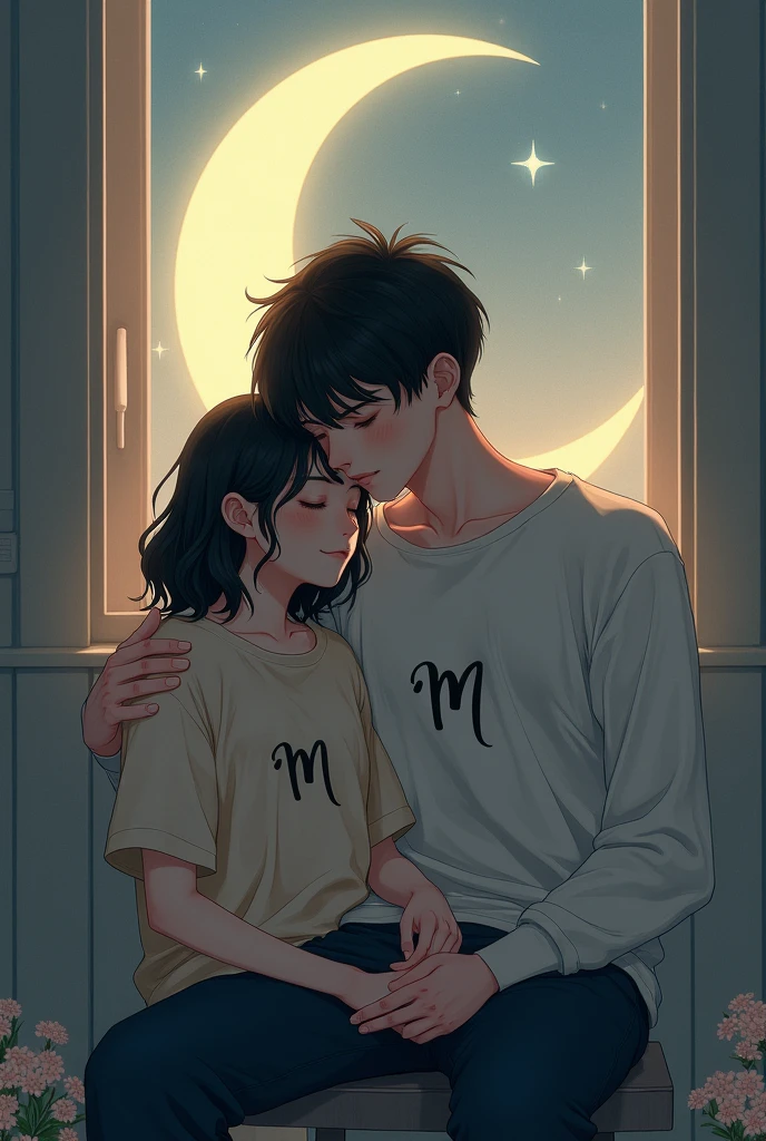 A girl rests her head on a boy's shoulder and the boy holds her hand and there is a beautiful moon in the background and the letter 'M' is written on both of their clothes.  Both are sit in a chair 